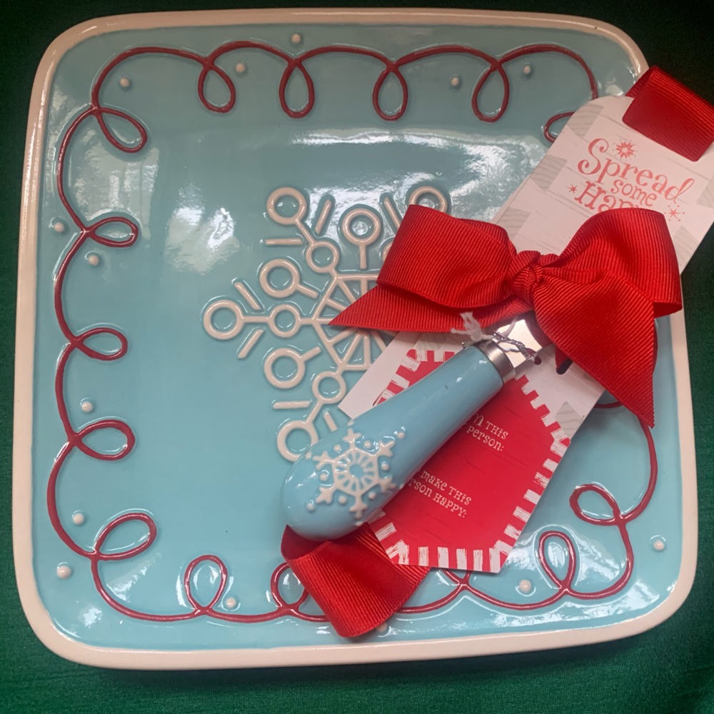 NEW Hallmark Light Blue, Red Trim Snowflake-Themed Party Plate & Spreader